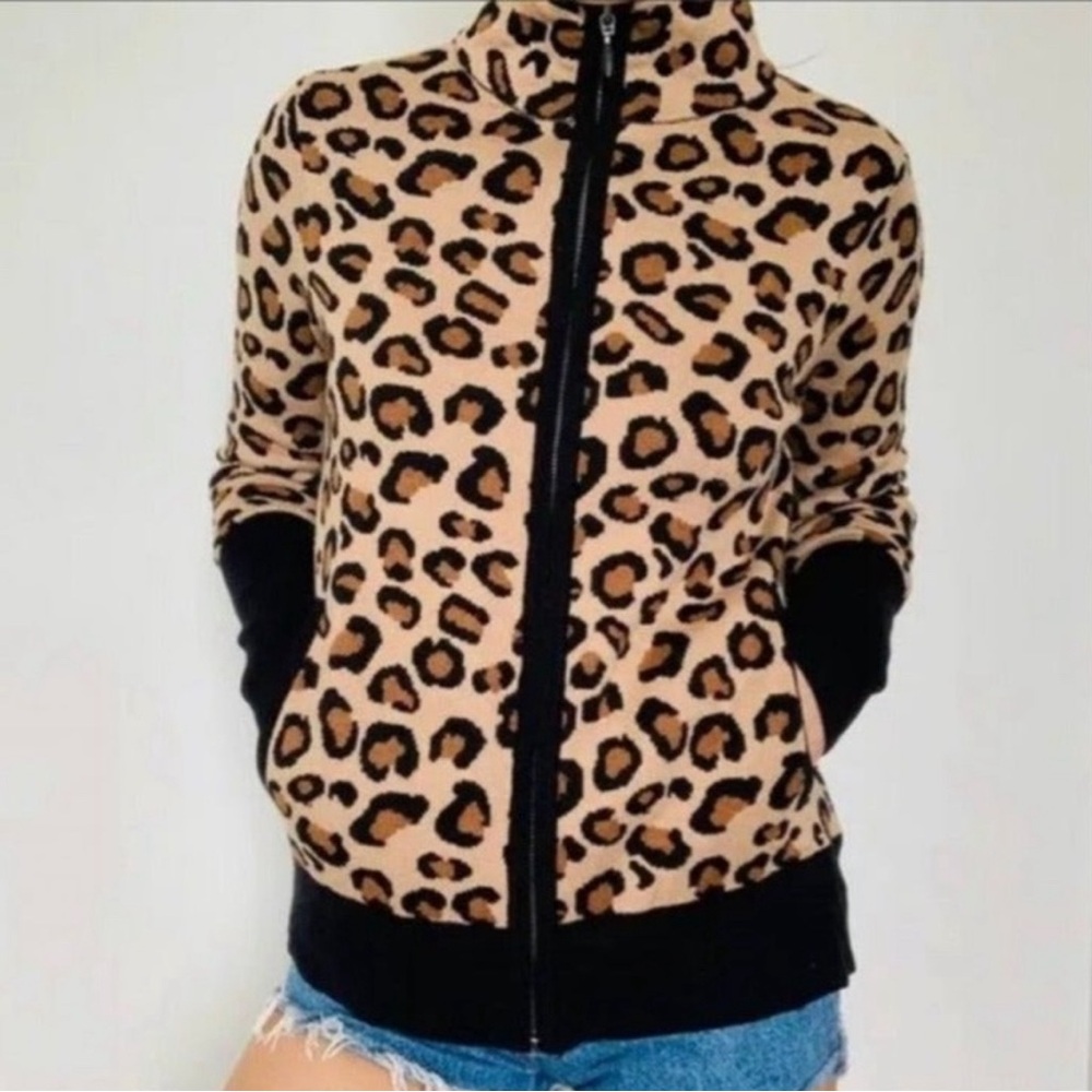Rachel Zoe Tan Leopard Zippered Sweater Top, Size XS, NWT